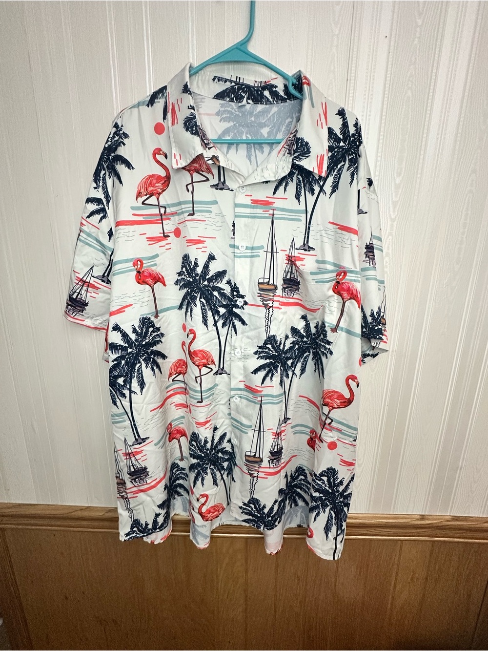 White Short-Sleeve Flamingo & Palm Print Button-Down Shirt